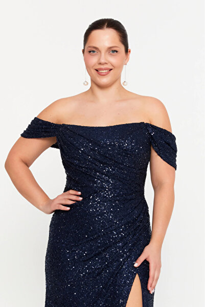 ŞEREF VURAL Women's Plus Size Sequin Off-Shoulder Maxi Evening Dress 8393 Navy Blue