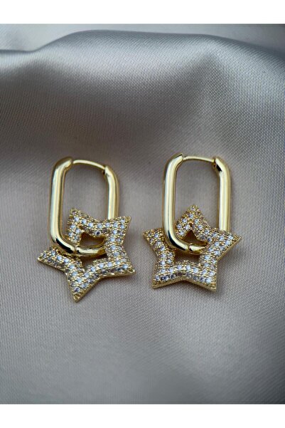 Luseda Çelik Kararmaz Gold Yıldız Motifli Taşlı Kadın Küpe