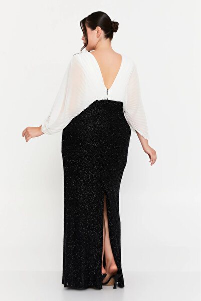 ŞEREF VURAL Women's Plus Size Front-Back V-Neck Glitter Fabric Maxi Evening Dress 8429 Black-White