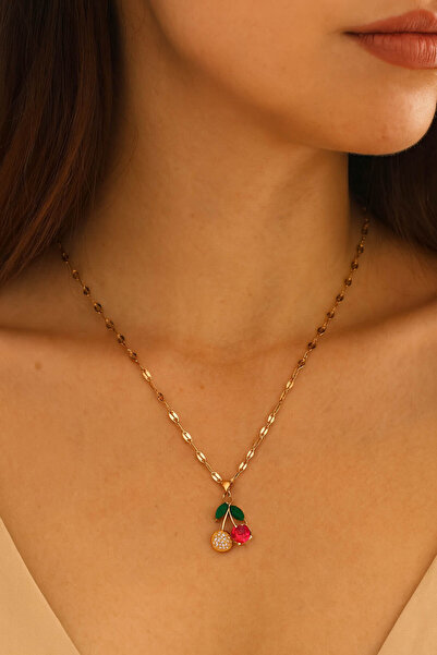 TREND COLLECTİON Kadın Paslanmaz Çelik Gold Zincir Kiraz Kolye