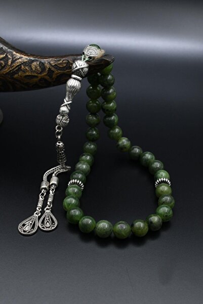 Prestige Natural Jade Stone 33-Bead Rosary with Metal Tassel 10mm Sphere Cut 902244