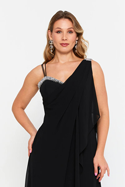 ŞEREF VURAL Women's Plus Size Sleeveless Stone Detailed Long Evening Dress 6671 Black