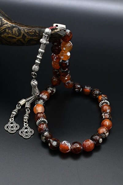 Prestige Natural Veined Agate Stone 33 Prayer Beads with Metal Tassel 10mm Sphere Cut 902252