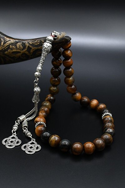 Prestige Natural Tiger's Eye Stone 33-Bead Rosary with Metal Tassel 10mm Sphere Cut 902239