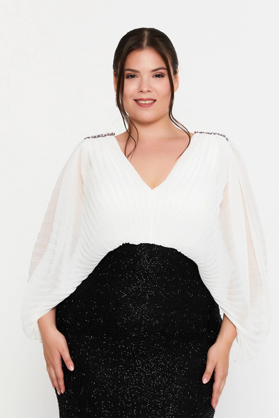 ŞEREF VURAL Women's Plus Size Front-Back V-Neck Glitter Fabric Maxi Evening Dress 8429 Black-White