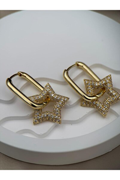 Luseda Çelik Kararmaz Gold Yıldız Motifli Taşlı Kadın Küpe