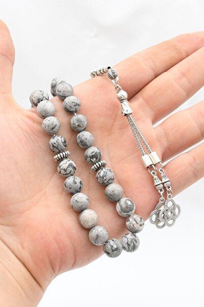 Prestige Natural Gray Jasper Stone 33 Beads Prayer Beads with Metal Tassel 10mm Sphere Cut 902251