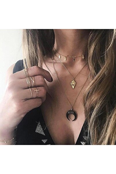 Pursehuit Colier cu 3 straturi, auriu, cu semilună și cruci, Dorthe C12