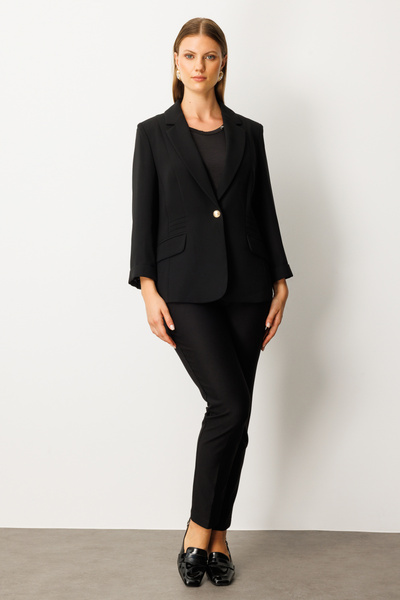 Ekol Women's Plus Size Single Button Jacket with Flap Pockets 5503 Black