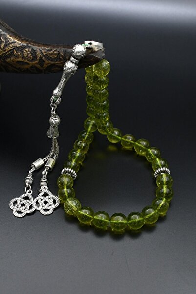 Prestige Natural Peridot Stone 33-Bead Rosary with Metal Tassel 10mm Sphere Cut 902256