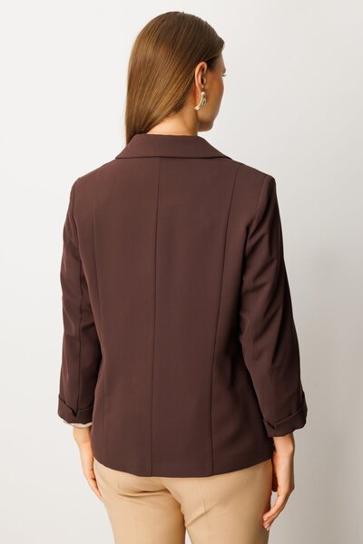 Ekol Women's Plus Size Single Button Jacket with Flap Pockets 5503 Brown