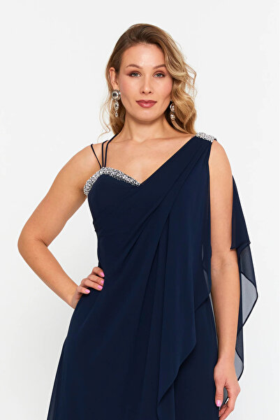 ŞEREF VURAL Women's Plus Size Sleeveless Stone Detailed Long Evening Dress 6671 Navy Blue