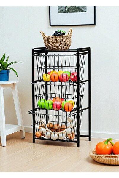 Bye Concept More DEKORATİF SİYAH METAL SEBZELİK 3 RAFLI TEL SEPETLİ ÇOK AMAÇLI STAND