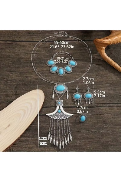 byozanyılmaz Blue and Red Stone Design Necklace Earring Set Set