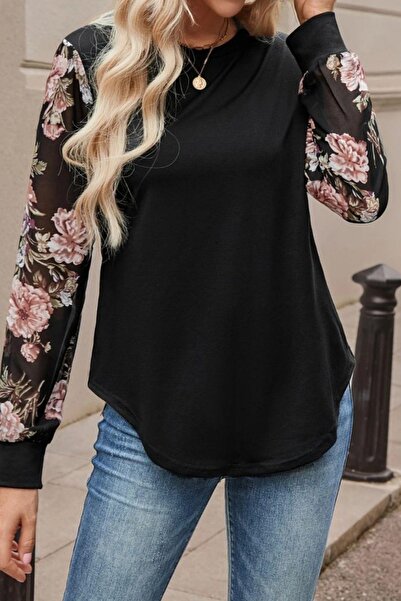 Mossta Μπλούζα με μανίκια από τούλι με λαιμόκοψη από βισκόζη με δύο κλωστές - Μαύρο