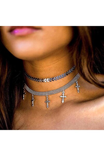 Pursehuit Colier cu 2 straturi, culoare argintie, cu cruci, Dordia C12 OUT