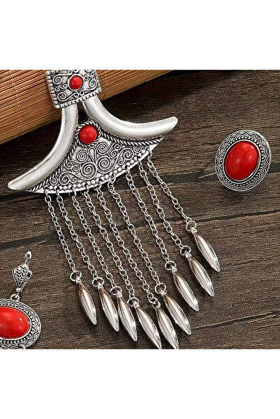 byozanyılmaz Blue and Red Stone Design Necklace Earring Set Set