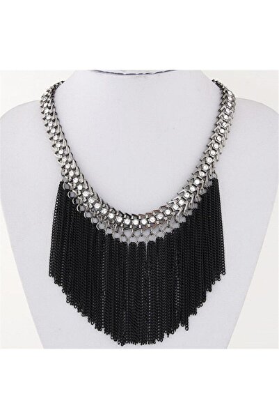 Pursehuit Colier de culoare argintie, cu franjuri negre și pietre, Alitha C2