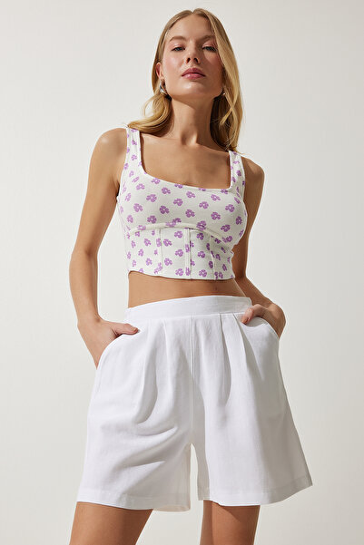 Lovelyİstanbul Υφαντό λινό σορτς με τσέπες LMC0037 ΛΕΥΚΟ