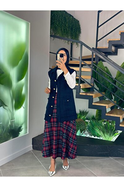 Armine Trend Ekoseli Kloş Etek 25KT108 Lacivert
