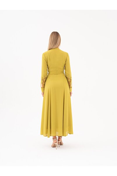 SERPİL Brode Detaylı Kuşaklı Önden Düğmeli Uzun Elbise 39519