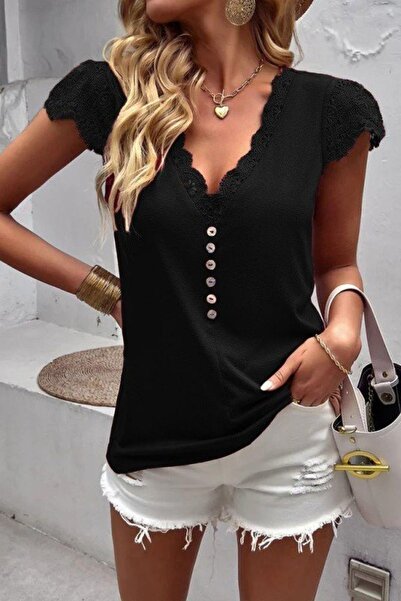 Mossta Μπλούζα με κουμπιά από βισκόζη με λαιμόκοψη σε σχήμα V - Μαύρο