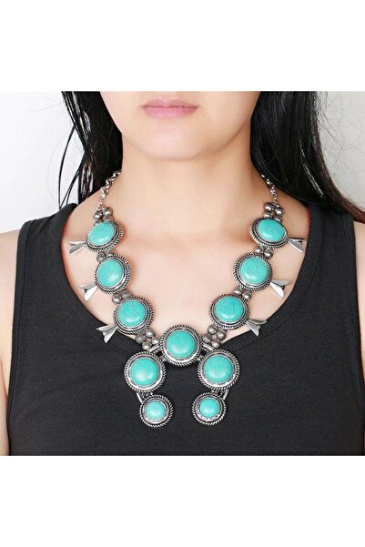 Pursehuit Set colier și cercei, culoare argintiu, masiv, cu pietre turcoaz, H...