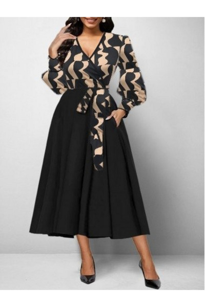 Modayakamoz Kadın Zarif Midi Elbise Dalgıç Krep Uzun Kollu ve Kruvaze Yaka