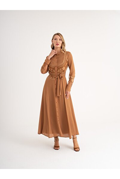 SERPİL Brode Detaylı Kuşaklı Önden Düğmeli Uzun Elbise 39519