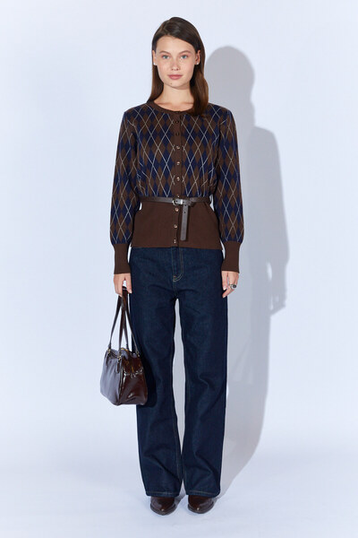 EDITION WOMAN Coffee Baklava Pattern Self Belted Women's Wool Blend Cardigan - Ek100535338