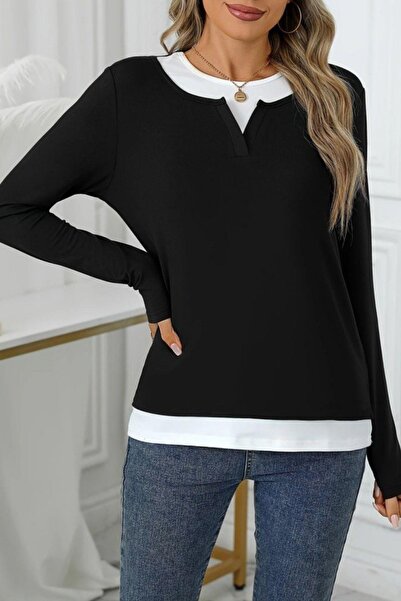 Mossta V-Neck Double Color Viscose Two Thread Blouse - Black