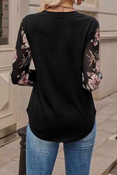 Mossta Μπλούζα με μανίκια από τούλι με λαιμόκοψη από βισκόζη με δύο κλωστές - Μαύρο