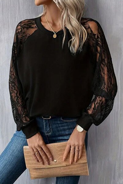 Mossta Μπλούζα από βισκόζη με λεπτομέρεια δαντέλας - Μαύρο
