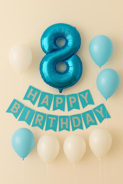 TATLI GÜNLER 8 Yaş Mavi Doğum Günü Süsleme Seti – Happy Birthday Banner ve Balon Parti Dekoru