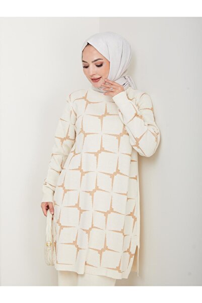 FATELLA Kadın Bej Uzun Kol Desenli Tesettür Triko Tunik