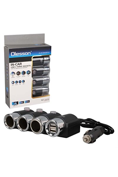 Olesson 1508 12-24V Çift USB Girişli 120W 80cm Kablolu 3'lü Araç Çakmak Çokla...