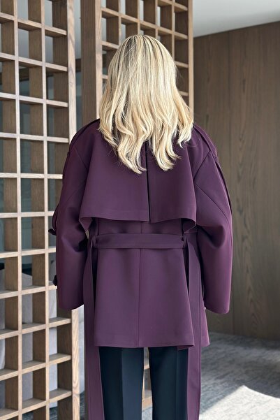 Laluvia Plum Oversize Off-Shoulder Short Trench - 9580
