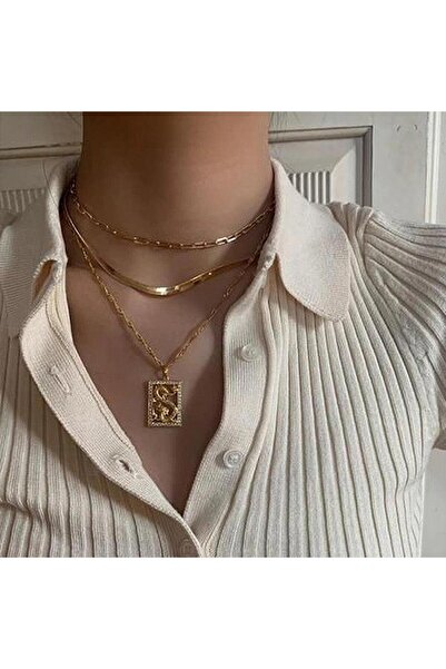 Pursehuit Κολιέ 3 στρώσεων, χρυσό, με δράκο και πέτρες, Dorota C11