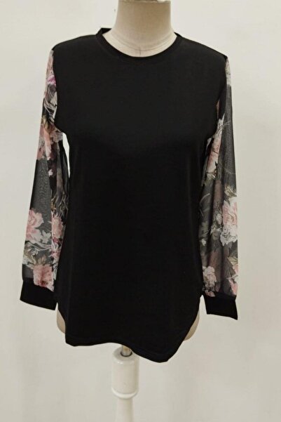 Mossta Μπλούζα με μανίκια από τούλι με λαιμόκοψη από βισκόζη με δύο κλωστές - Μαύρο