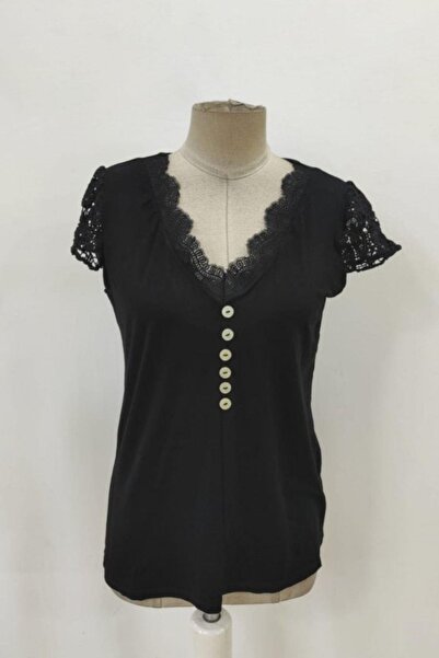 Mossta Μπλούζα με κουμπιά από βισκόζη με λαιμόκοψη σε σχήμα V - Μαύρο