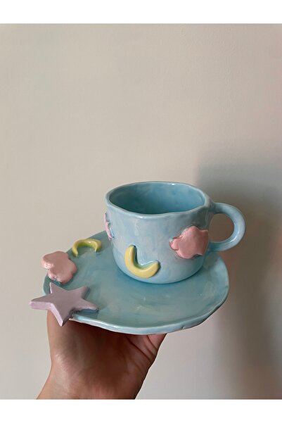 Nouis El yapımı bulut - yıldız - ay kabartmalı mavi seramik kupa seti
