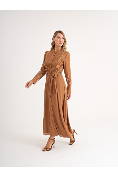 SERPİL Brode Detaylı Kuşaklı Önden Düğmeli Uzun Elbise 39519