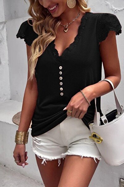 Mossta Μπλούζα με κουμπιά από βισκόζη με λαιμόκοψη σε σχήμα V - Μαύρο