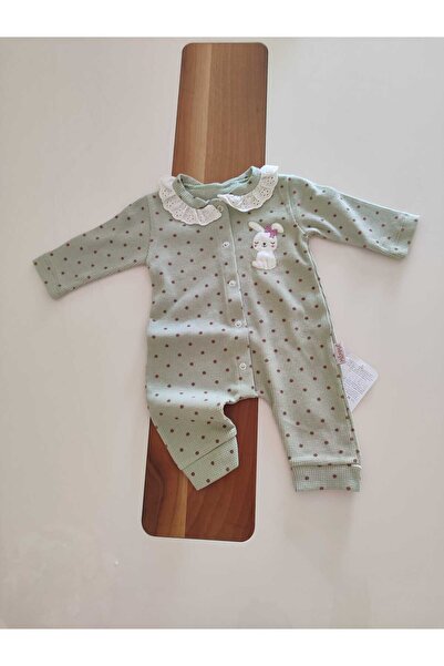 Asel Rabbit Printed Long Sleeve Baby Girl Romper with Bib Front Closure