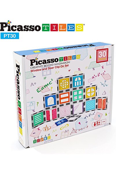 PicassoTiles Set 30 de piese de constructie, magnetice si accesorii usi si fe...