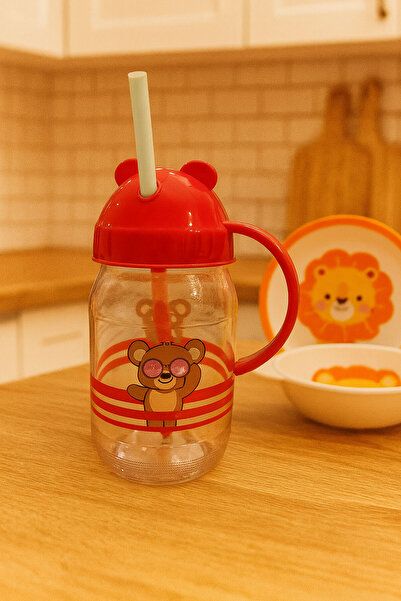 SİHİRLİ AYAKLAR Red Color Cute Healthy Practical Patterned Glass Cup with Straw 370Cc Bpa Free