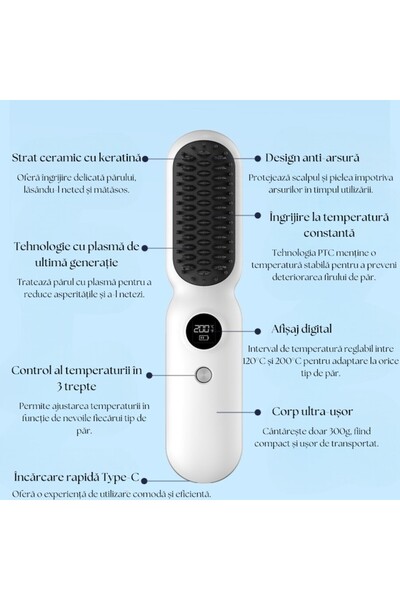 OEM Electric Hair Straightener Brush Wireless Negative Ions 3 Temperature Settings LED Display White