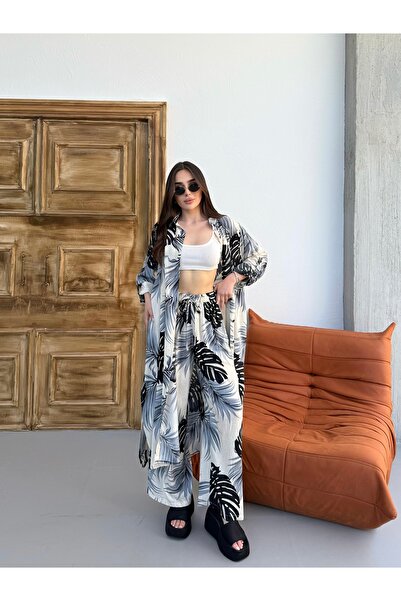 Tubik Women's Patterned Pocketed Waist-Tie Shirt Pants Kaftan Set