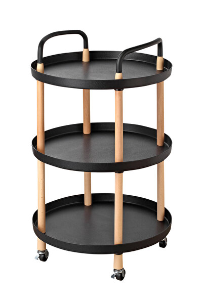 Lawazim Round Side Table 3 Tier Black 48x88cm - Space Saving Coffee End Table with Wheels