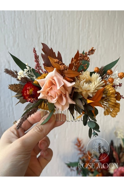 Tasarım RoseMoon El Yapımı Sonbahar Renkleri Saç Tarağı - Gelin-Nedime Saç Ak...